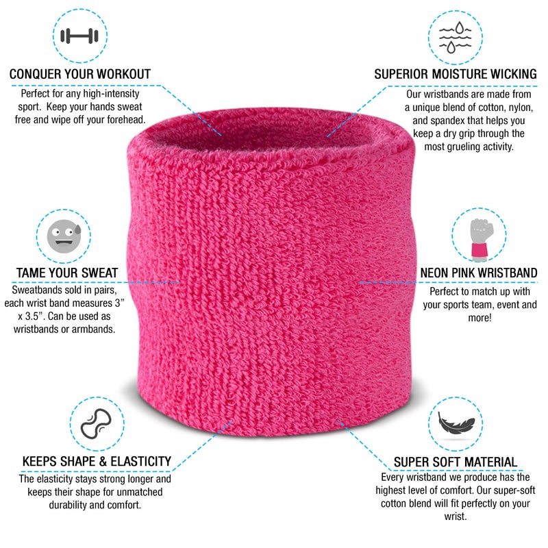 Suddora Wrist Sweatbands, Absorbent and Breathable Thick Cotton Bands for Working Out, Gymnastics, Basketball, Tennis, and Football, Multiuse Wristbands for Costumes and Cosplay, Neon Pink - Image 2